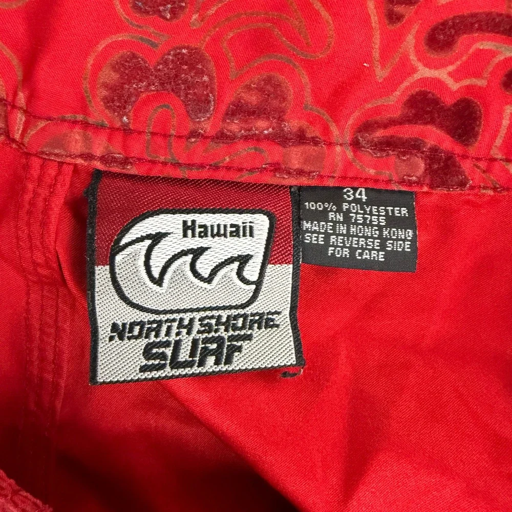 Vintage NSS‎ Board Shorts Mens 34 Red Floral Flocked Hibiscus Cargo Swim Trunks